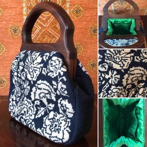 Unique cross stitch wooden handle handbag